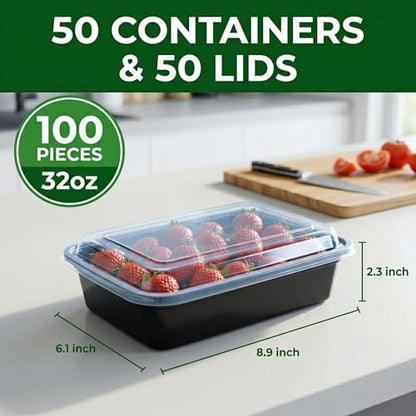 Meal Prep Containers 50 Pack with Lids, 32 Oz Food Storage Containers, BPA Free Reusable Plastic Boxes, Leakproof Microwave Freezer Dishwasher Safe for Home & Office - size: 32 oz