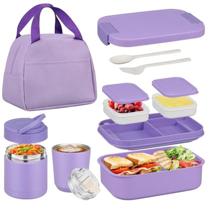 Bento Lunch Box Set with 10.5oz Soup Thermo Food Jar for Adults Kids, Stainless Steel Leak-proof Lunch Container with 4 Compartment, Coffee Tumbler with Lunch Bag for School Travel Office-Purple - color: Purple