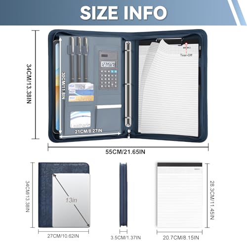 Leathario Portfolio Binder, Includes 5 Sheet Protectors and a Pen, 13 Inch Tablets Organizer, Vegan Leather A4 Padfolio, Multi-Pocket Notepad Business Planner Professional Document - color: Relief Blue