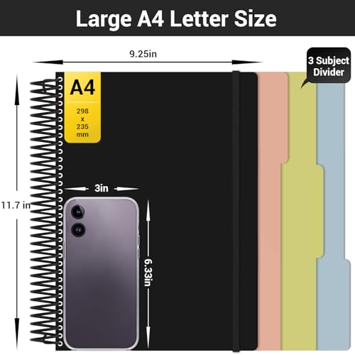 EUSOAR 3 Subject Notebook, A4 9.25" x 11.7"Large Lined Spiral Journal Notebook, College Ruled Notebook with Pockets, 240 Pages 90gsm Thick Paper, Cute Notebook for Office Travel School - color: Black, style: A4 Lined