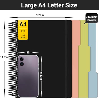 EUSOAR 3 Subject Notebook, A4 9.25" x 11.7"Large Lined Spiral Journal Notebook, College Ruled Notebook with Pockets, 240 Pages 90gsm Thick Paper, Cute Notebook for Office Travel School - color: Black, style: A4 Lined