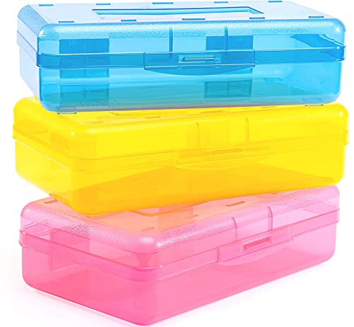 Sooez 3 Pack Pencil Case, Large Hard Pencil Box Bulk, Clear Crayon Box Marker Pen Organizer, Plastic Storage Container with Snap Lid, Art Craft Organizer Back to School Supplies, Colorful - color: Blue, Yellow, Pink, size: 3 Pack