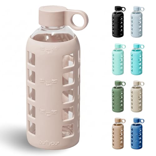 purifyou 40oz / 32oz / 22oz / 12oz Borosilicate Glass Water Bottle with Time & Volume Markers, Silicone Sleeve, Stainless Steel Lid | Reusable Glass Bottle for Water & Juice (22oz Hazelnut) - color: Hazelnut (1 Count), size: 22 Ounces
