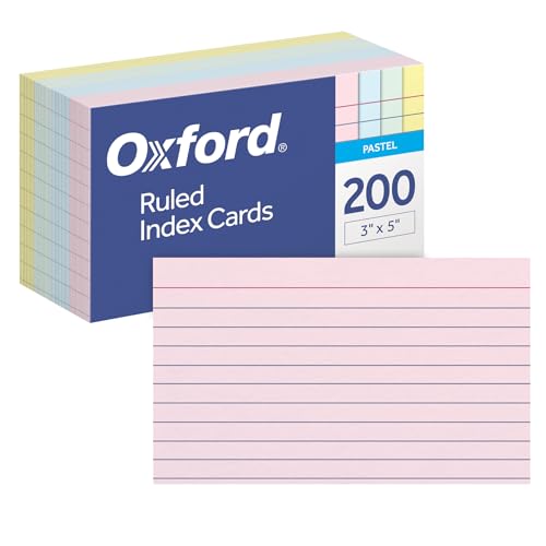 Oxford Ruled Index Cards, Lined Note Cards, Flashcards for School, 4 Assorted Pastel Colors: Pink, Blue, Green and Yellow, 3 Inch x 5 Inch, 200 Cards Per Pack (1017490)