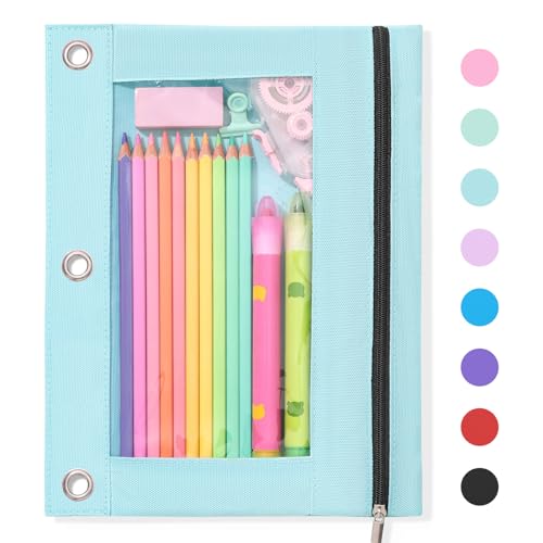 SUNEE Pencil Pouch for 3 Ring Binder, Large Zipper Pencil Case with Clear Window, 3 Reinforced Grommets, Binder Accessories for School and Office Supplies Storage, Light Blue - color: Light Blue