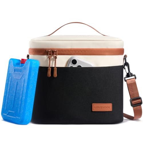 LOVEVOOK Insulated Lunch Box for Women Men, Reusable Lunch Bag for Work Picnic Beach College School, Leakproof Cooler Bag with Shoulder Strap & Ice Pack, Lunch Box/Bag for Mom Teacher Kids Girl Boy - color: Black - Beige, size: 13L