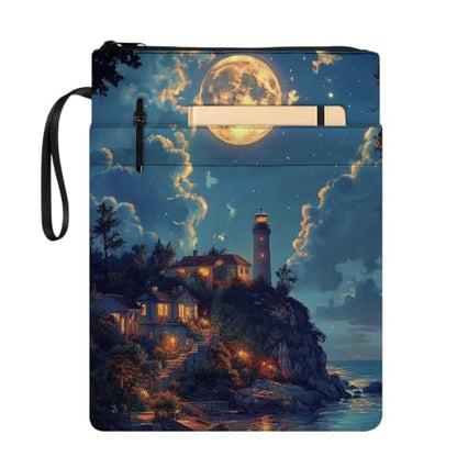 Padded Book Sleeve with Zipper & Front Pocket, Fabric Book Cover | Full Moon Ocean Lighthouse11.4"x8.7" Washable Canvas Pouch for Hardcovers, Tablets & Reading Accessories - color: Full Moon Ocean Lighthouse