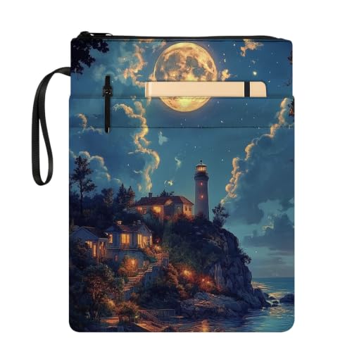 Padded Book Sleeve with Zipper & Front Pocket, Fabric Book Cover | Full Moon Ocean Lighthouse11.4"x8.7" Washable Canvas Pouch for Hardcovers, Tablets & Reading Accessories - color: Full Moon Ocean Lighthouse
