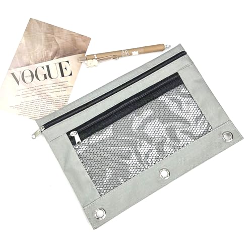 Pencil Pouch for 3 Ring Binder - 3 Hole Zipper Pen Case Bag Holder Bulk Accessories Clear Window Aesthetic Organizer Pockets - color: Grey