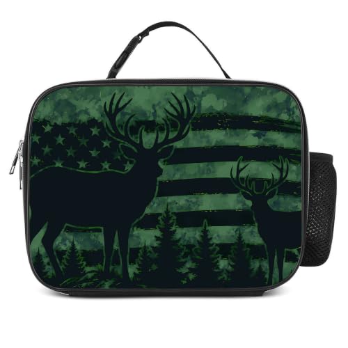 Camo Flag Deer Lunch Box Insulated Reusable Lunch Bag Tote Cooler for Women Men Boy Girl School Work Office Picnic - color: Camo Flag Deer