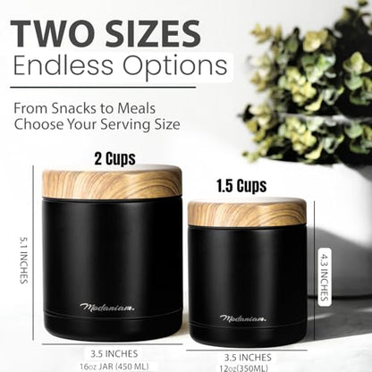 Modaniam Stainless Steel Insulated Food Jar Set of 2 (16oz + 12oz), Wide Mouth, Soup Thermo for Hot Food, Lunch Container, Insulated Soup Bowl, Hot and Cold Insulated Lunch Box For Adults, Black - color: Black Beauty