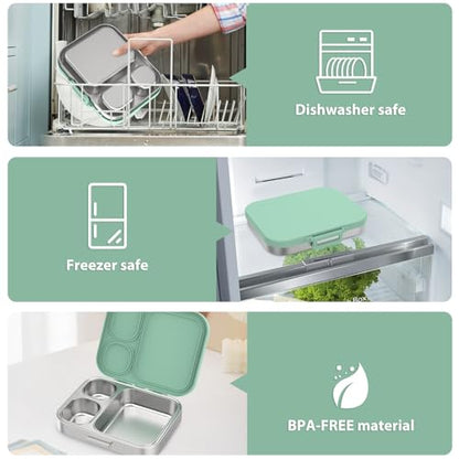 Pawtong Stainless Steel Bento Lunch Box for Kids | 3-Compartment Lunch Box Container Kids | 100% Leakproof, Eco-Friendly, Perfect Portion Control for Kids&Adult Healthy Meals (Green) - color: Green