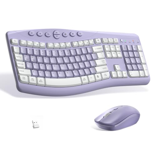 Wireless Keyboard and Mouse Combo,2.4G Full Size Ergonomic Curved Silent Keyboard with Fn Multimedia Keys for Office and Home, 3-DPI Quiet Mouse for Windows,Mac OS Desktop/Laptop/PC (Purple-A) - color: purple-a