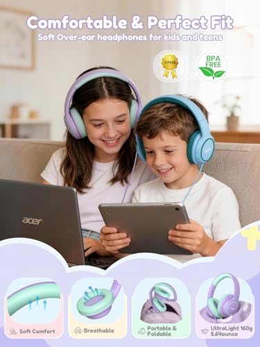 Acer Kids Headphones Wired for School - Over Ear Design, 85/94dB Safe Volume Limit, 3.5mm Jack Foldable Headphones for Toddler Boys Girls Classroom Yoto Player Chromebook Travel Purple Green - color: Purple Green