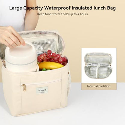 Voova Stackable Stainless Steel Thermal Lunch Box with Lunch Bag and Cultery Set for Adult Women Men, 3 Tier Leakproof & Microwave Safe Insulated Bento Boxes Food Container for Work, Beige - color: Beige