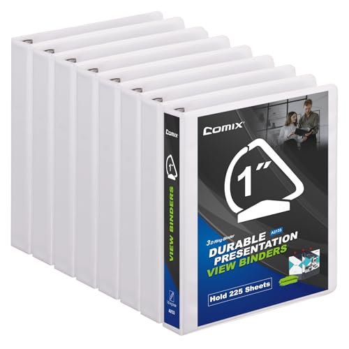 Comix Sturdy 3-Ring-Binder 1-inch D Ring Binders, 2.4mm-Thick, Hold 225 Sheets of 8.5" x 11" Paper, 8 Pack (White) - color: White, size: 1-Inch, style: 8 Pack