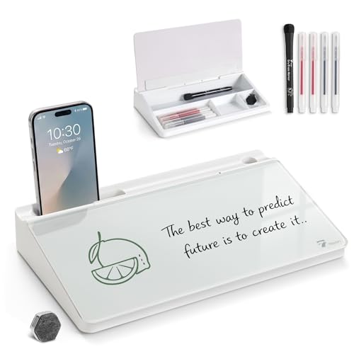TOWON Compact Glass Desktop Whiteboard with Storage 12x7 in, White | Dry erase writing surface, 5 markers, eraser and holder included, for the office, home or school desk - color: White