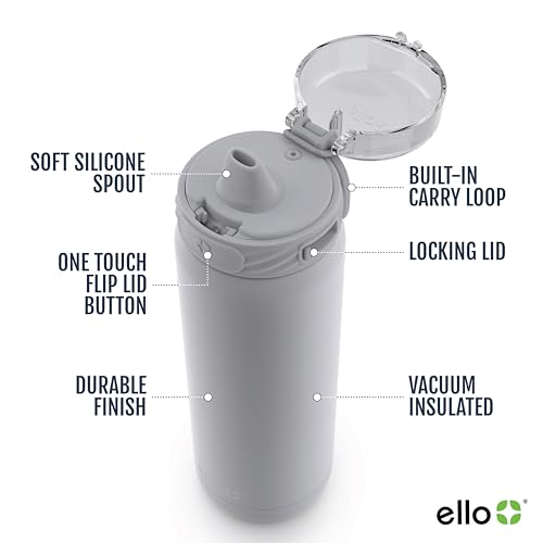 Ello Cooper 22oz Stainless Steel Water Bottle with Straw and Carry Handle, Double Walled and Vacuum Insulated Metal, Leak Proof Locking Lid with Soft Silicone Spout, Reusable, BPA Free, Grey - color: Gray, size: 22 Ounces
