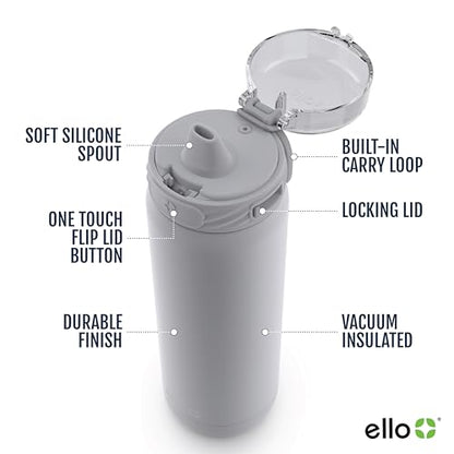 Ello Cooper 22oz Stainless Steel Water Bottle with Straw and Carry Handle, Double Walled and Vacuum Insulated Metal, Leak Proof Locking Lid with Soft Silicone Spout, Reusable, BPA Free, Grey - color: Gray, size: 22 Ounces