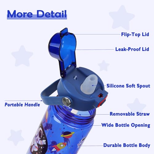 20oz Kids Water Bottle For School or Travel, Leak-Proof & Dishwasher, Durable Plastic Sport Water Bottle With Straw and Handle, Astronaut - color: Blue astronaut