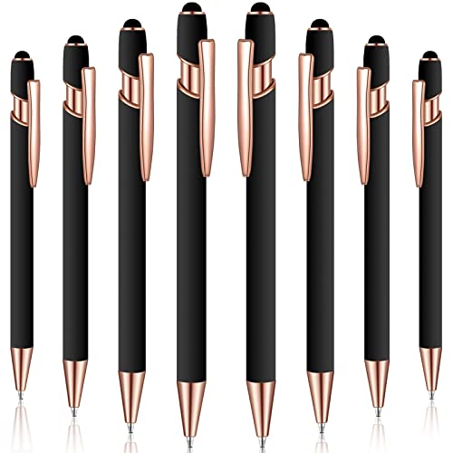8 Pieces Ballpoint Pen with Stylus Tip Black Ink 2 in 1 Stylus Metal 1.0 mm Medium Point Smooth Pen Rainbow Colorful Rubberized Ballpoint for Touch Screen Tablet(Rose Gold, Black) - color: Rose Gold, Black