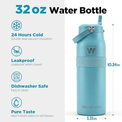 32 oz Insulated Water Bottle with Straw, Leakproof Stainless Steel Bottle with Handle, Non-Slip Silicone Sleeve, Internal Markings, Dishwasher Safe for Travel, Gym, Sports, Mint Blue - color: Mint Blue