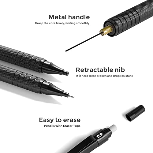 Nicpro 0.9 Metal Mechanical Pencil Set with Case, 3PCS Black MP1000 0.9mm Drafting Pencil, 8 Tubes HB Lead Refills, 3PCS Erasers, Erasers Refills for Artist Writing, Drawing, Sketching - color: Black, style: 0.9 MM