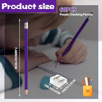 60 PCS Purple Pencils Bulk with Eraser, Pre-Sharpened HB Pencils for Writing & Drawing, School Supplies for Kids Homework, Tests, Art Crafts & Teacher Grading (Purple) - color: purple