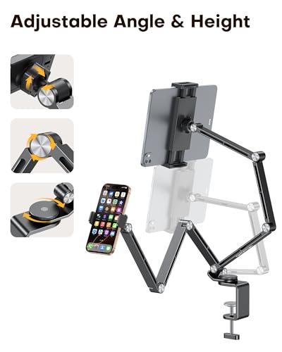 OMOTON GH03 Tablet Holder with 2 ABS Clamps, Aluminum Long Arm Mount, Black | C-Clamp Base with 360°Rotation Fits Desk, Bed, Side Cabinet, Kitchen, Adjustable Tablet Stand for 4-13" iPad Pro/iPhone - color: Black