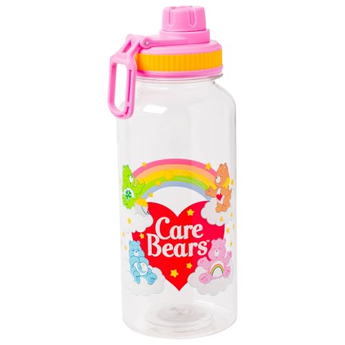 Silver Buffalo Care Bears Twist Spout, Plastic Water Bottle, 32oz | Includes Sticker Set, You Stick Yourself, 0.95 Liters - color: Care Bears Rainbow Heart