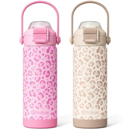 Fimibuke Kids Insulated Water Bottle with Pop-Open Straw & Spout 2-in-1 Lid, 18oz Leak Proof 18/8 Stainless Steel Vacuum Tumbler, BPA-Free Kids Cup For Travel School Boys Girls Toddler 2 Packs - color: Pink & Beige Leopard, size: 18 Ounces
