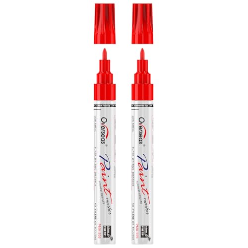 Overseas Red Oil Based Paint Markers, 2 Fine Tip Permanent Paint Pens | 0.9mm Fine Nib, Waterproof, Quick Dry, Fade Resistant, Oil Marker Pen for Metal, Rubber, Wood, Plastic, Rock, Glass, Canvas - color: Red
