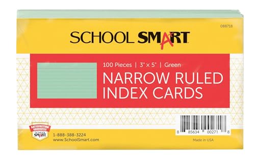 School Smart Ruled Index Cards, 3 x 5 Inches, Green, Pack of 100 - color: Green, size: 3 x 5 Inches