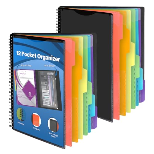 2 Pack 12 Pocket Poly Project Organizer with 6 Dividers, Heavyduty Folder Organizer Binder with Front Cover Pocket, Metal Wire Binding Spine, Letter Size, for Students and Coworkers - color: 12 Pockets, style: 2 Pack