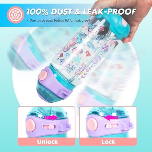Kids Water Bottle with Straw/Lanyard for School Kids Girls Boys, 22oz BPA Free Child Drinking Water Bottle One-Click-Open Leak-Proof Locking Flip Lid for School Sport Travel - color: H03. Mermaid
