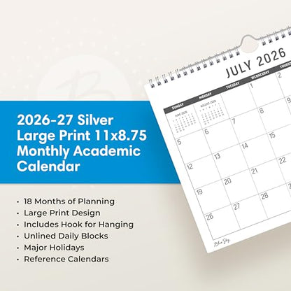 Blue Sky 2026-2027 18 Month Large Print Monthly Academic Year Wall Calendar, July 2026 - December 2027, 11" x 8.75", Durable Twin Wire Binding, Perfect For Home, Office And Classroom, Silver