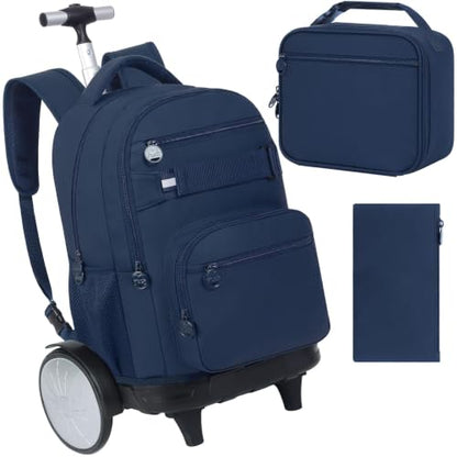 3Pcs Large Rolling Backpack for Teen Boys Men, 20 Inch Detachable Wheeled Bookbag with Lunch Box, Durable Oxford Cloth Roller Backpack for College School Travel (Blue) - color: Large Wheels Classic Blue