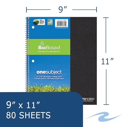 ROARING SPRING Environotes College Ruled Spiral Notebook, 1 Subject Recycled School Notebook with Storage Pocket, 11" x 9", 80 Perforated Sheets 20 lb Paper, 3 Hole Punched, Made in USA - size: 11" x 9" 80 Sheets (Pack of 1)