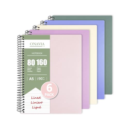 ONAVIA A5 Spiral Notebooks, 1-Subject, 5 Pack, College Ruled Paper, 5.8" x 8.3", 80 Sheets, Fights Ink Bleed, Water Resistant Cover, for School, Office, Students, Assorted Colors