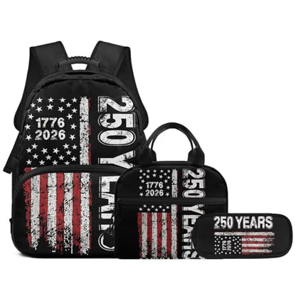 American Flag 250 Years 3PCS Backpack for Boys Girls Teens, 3 in 1 Lightweight 17 Inch School Backpack with Lunch Box Pencil Case for Middle High Students - color: American Flag 250 Years