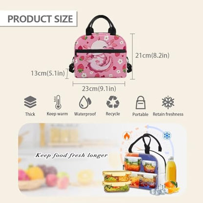 Axolotl Lunch Box for Kids Boys 4-6 Strawberry One Piece Lunch Box for Girls 6-8 Preppy Meal Bag for Boys 8-10 Preschool Kindergarten Toddler Elementary School Adjustable Shoulder Strap - color: Strawberry Axolotl