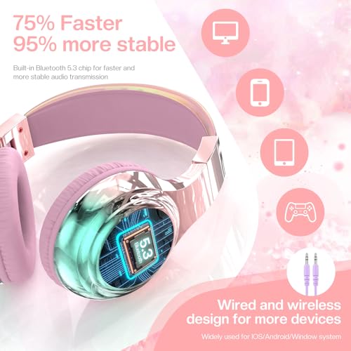 QearFun Kids Bluetooth Headphones, 60H Playtime, 74/85/94dB Safe Volume Limit, Metallic Gradient Wireless Headset with HD Mic, Fast Charging, Foldable, Wired 3.5mm Mode for School/Tablet/Travels - color: Pink