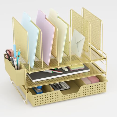 LEKETREE Gold Desk Organizer, Office Organization with Vertical File Holder, File Organizer with Drawer and Pen Holder, Desk Accessories and Workspace Organizers for Home Office (Gold) - color: Gold