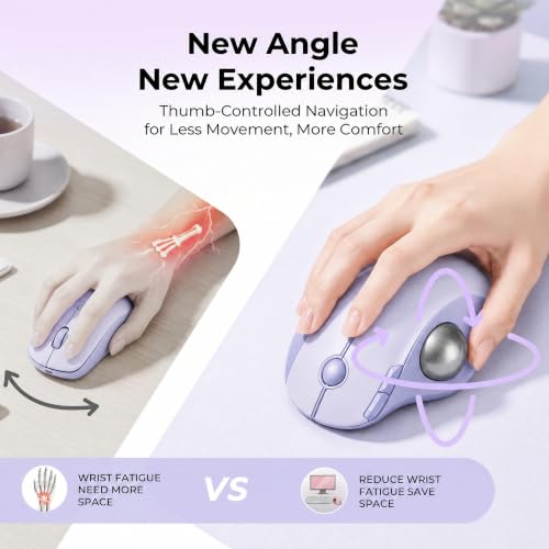 seenda Wireless Trackball Mouse, Ergonomic Bluetooth Rollerball Mouse Rechargeable, 3 Device Connection Optical Mice Adjustable DPI Thumb Control Mice Compatible for PC/Laptop/Windows - Light Purple - color: Light Purple