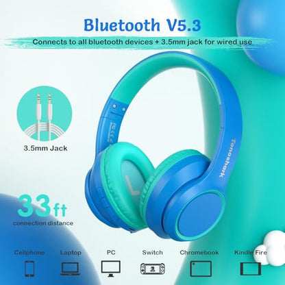 TONOSHARK Kids Bluetooth Headphones with Active Noise Cancelling, Wireless Over-Ear Headphones for Boys Girls, Foldable, Adjustable, 40H Playtime, Mic for School Travel(Blue) - color: Blue