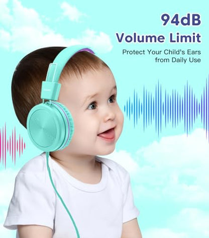 Cowyawn Kids Headphones, Toddler Headphone with Safe Volume Limiter 94dB, Wired School Headphones for Kid, 3.5mm Adjustable On-Ear Headphone for Boys/Girls/Children/Teens/iPad/Computer, Purple Green - color: Purple Green