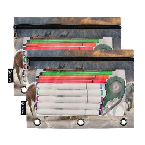 ATTX Horse Pencil Pouch for 3 Ring Binder with Smooth Zipper, Clear Window Pencil Case for Binder, Big Capacity with 3 Reinforced Grommets