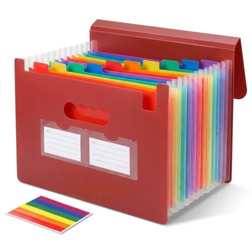 Accordion File Organizer, 13 Pockets Expanding File Folder with Index Tabs, Portable Document Organizer for Paper Receipts Bills Taxes, Letter A4 Document Holder for Home Office School, Red - color: Red