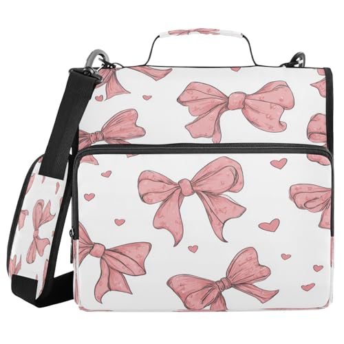 Caikeny 3 Ring Zipper Binder Pink Bows and Hearts White Love 1.5 inch Binders Bag Expanding File Pockets with Shoulder Strap and Handle - color: Multicolored 1z83.12