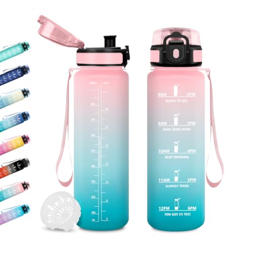 1L Water Bottle, Gym Water Bottle with Time Indicator, Water Bottles with Filter, Sports Water Bottles for Students, Office - color: 32oz-1000ml | Yellow + Pink, size: 1000 ml